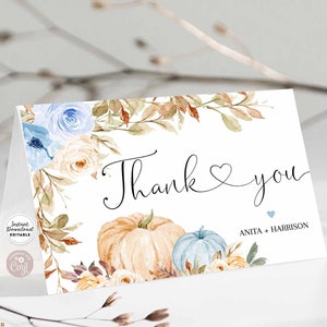Editável personalizado outono azul abóbora chá de bebê quarentena azul cartão dobrado modelo editável/download instantâneo 29v5