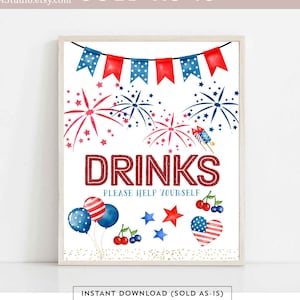 4th of July Drink Table Decors Sign Fourth of July Drinks Sign 4th of July Birthday Party Decoration Decor Printable Instant Download AL1561