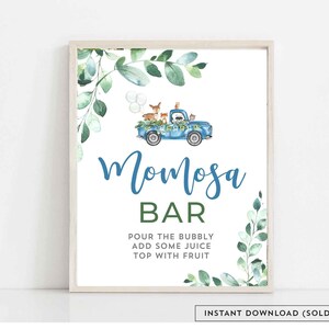 Printable Woodland Animal Blue Truck Mom Osa Momosa Bar Sign Baby Shower Sprinkle Sip and See Decor Deer Bear Sign Instant Download AL572