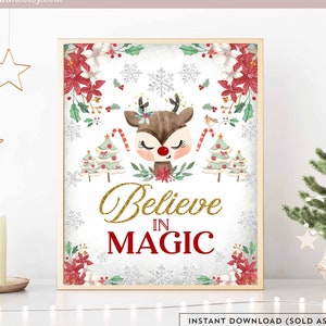 Reindeer Believe in Magic Sign Girl Reindeer Christmas Winter Birthday Party Decor Sign Decor Decoration Printable Instant Download 281