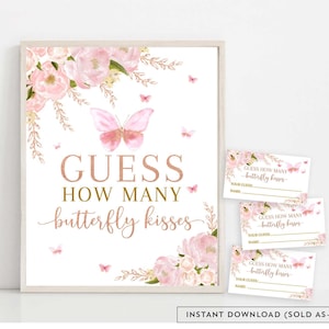 Butterfly Guess How Many Butterfly Kisses Game Blush Pink Rose Gold Butterfly Baby Shower Sprinkle Digital Printable Instant Download 1406