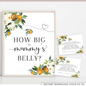 Orange Citrus How Big is Mommy&#39;s Belly White Floral Rustic A Little Cutie is on the Way Orange Games Printable Instant Download 248V1