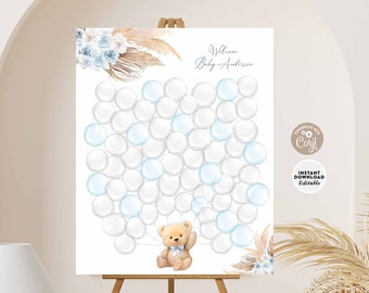 Editable Boho Blue Teddy Bear Baby Shower Balloon Sign In Guest Book Alternative 16x20" Printable Template Instant Download 904V3