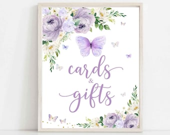 May include: A printable sign with a purple butterfly and floral design. The sign says "cards & gifts".