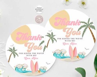 May include: Two round thank you favor tags with a beach theme. The tags are white with a pink and yellow sunset, palm trees, and a surfboard. The text reads "Thank You" in pink and "For riding the waves with me! Love, Alice".