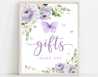 Puede incluir: Señal imprimible con una mariposa morada y diseño floral. La señal dice "regalos" y "gracias".