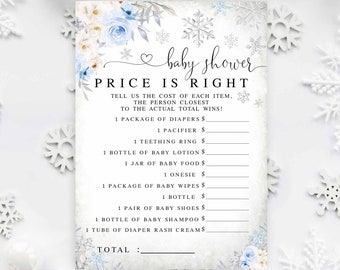 Winter Blue Snowflake Price is Right Game Silver Gray Blue White Virtual Long Distance Boy Baby Shower Games Instant Download 62V4