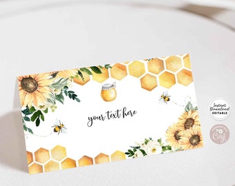 Bewerkbare Bij zonnebloem rustieke hommel gevouwen plaats kaart buffet voedsel label gast naam kaart sjabloon instant download 846V1