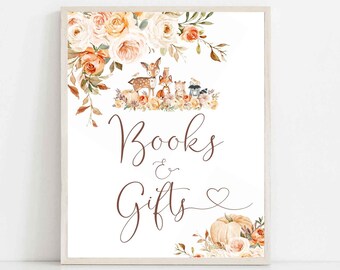 Fall Woodland Pumpkin Books and Gifts Sign Printable Fall Autumn Baby Shower Sprinkle Decor Decoration Sign Instant Download 1320