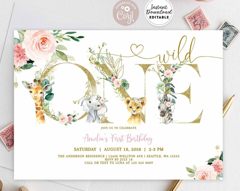 Editable Wild ONE Birthday Invitation Blush Pink Gold Girl Safari Birthday Invite Invitation Printable Template Instant
