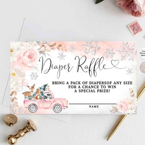Biglietto della lotteria per pannolini per baby shower con motivo floreale invernale rosa modificabile, biglietto della lotteria, invito modificabile, inserto download immediato 1319V1