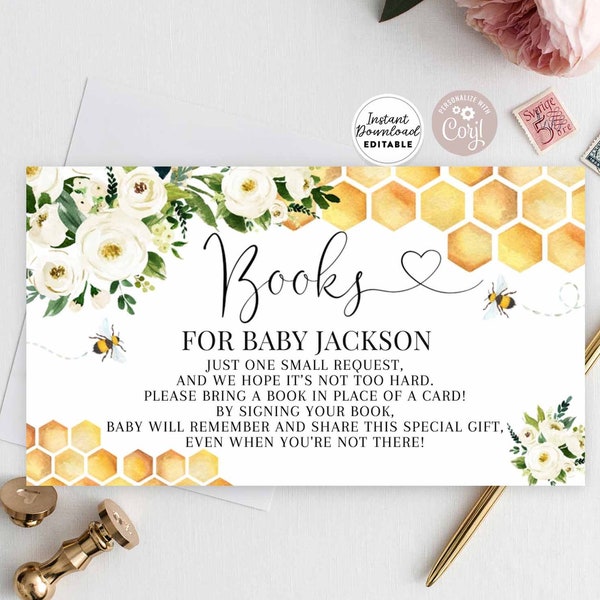 Editable Rustic Honey Bee Bumble Bee Baby Shower Books for Baby Insert Bring A Book Card Printable Template Instant Download 845V1