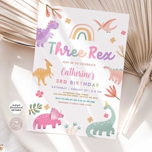 Editable Three Rex Invitation Dino Birthday Invite 3 Rex Pink Lavender Purple Dino Party Printable Template Instant Download 284V1 (3)