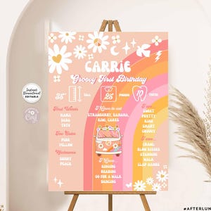 May include: A printable, editable birthday sign with a groovy theme. The sign features a rainbow, flowers, and a vintage van illustration. Text includes the name "Carrie", "Groovy First Birthday", and other details.