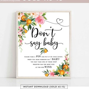 Pink Floral Orange Dont Say Baby Spiel Zeichen A Little Cutie ist auf dem Weg Zeichen Pink Floral Zitrus Spiele Printable Instant Download 906