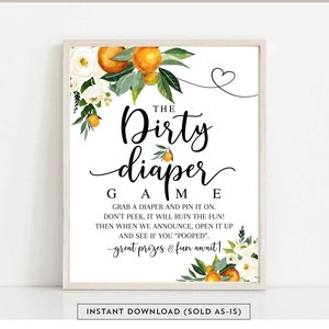 Orange Citrus Dirty Diaper Game Sign 8x10&quot; White Floral A Little Cutie is on the Way Orange Games Printable Instant Download 248V1