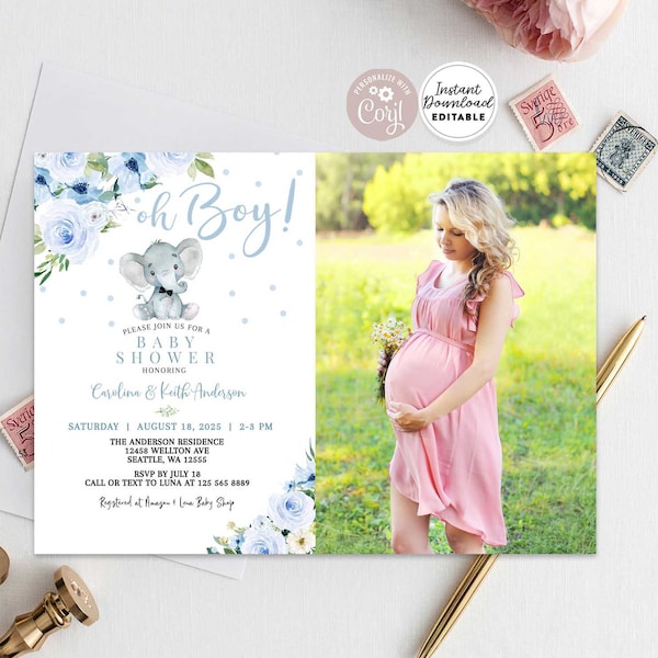 Editable Blue Floral Elephant Bow Tie Baby Shower Photo Invitation Boy Virtual Baby Sprinkle Photo Invite Invites Instant Download AL616