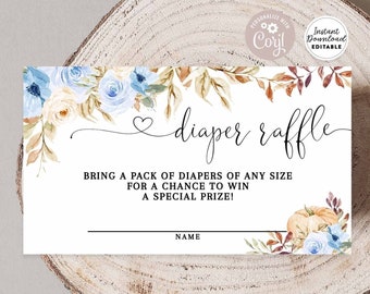 Editable Fall Blue Floral Pumpkin Baby Shower Diaper Raffle Ticket Insert Raffle Card Editable Invite Insert Instant Download 29V5