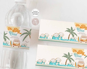 May include: Water bottle label template with a beach theme. The label features a vintage van with a surfboard, palm trees, and waves. The text on the label reads "The Big One" and "One Year Old First Birthday".