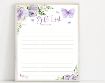Púrpura lavanda oro mariposa 8x10" lista de regalos signo imprimible baby shower decoración descarga instantánea (vendido tal cual) 554BB