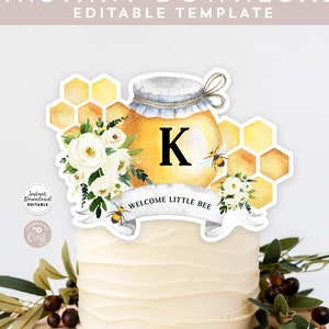 Editable ANY WORDING Rustic White Floral Bumble Honey Bee Shower Birthday Cake Topper Printable File Template Instant Download 845V1