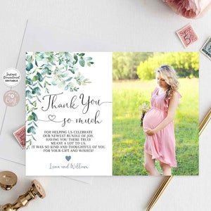 Editable Greenery Baby Shower Photo Thank You So Much Flat Note Photo Card Printable Template Instant Download 1523