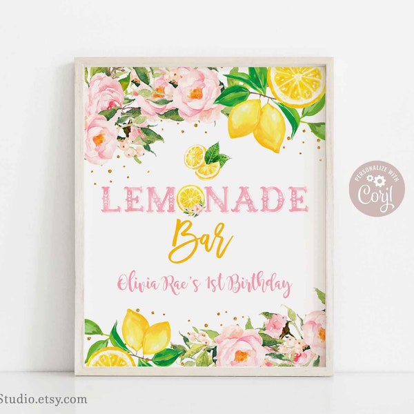 Editable 8x10" Lemon Bar Sign Girl Lemon Lemonade Birthday Blush Pink Summer Citrus Birthday Personalized Editable Sign Template AL1490