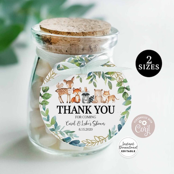 2 « et 2.5 » Greenery Gold Woodland Animal Deer Bear Baby Shower Autocollants Circle Round Favor Tag Template Téléchargement instantané 447V1