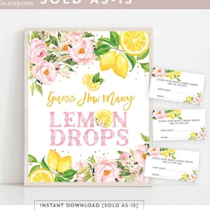 Blush Pink Floral Lemon Raten Sie, wie viele Lemon Drops Spiel druckbare Sie fand ihre Haupt Squeeze Bridal Shower Spiele Sofortiger Download 1490BB