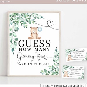 Greenery Guess How Many Gummy Bears Are In The Jar Game Printable Greenery Teddy Bear Shower Sprinkle Games Instant Download 1432V1