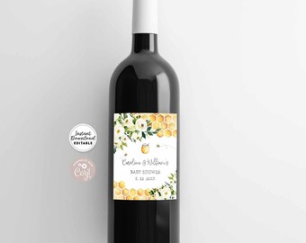 Editable Bee A Little Honey Baby Shower Birthday Bridal Shower Favors Wine Label Peach Printable Template Instant Download 845V1