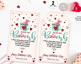 EDITABLE Valentine Hot Chocolate Bomb Tag Hot Cocoa Bomb Tag You're The Bomb Printable Hang Tag Template Instant Download Template 137 (3)