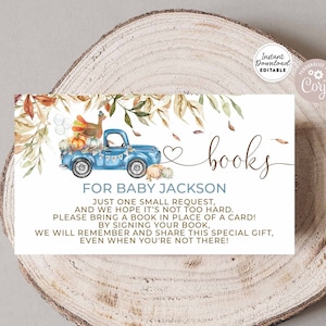 Bearbeitbarer Herbstkürbisblauer LKW-Türkei-Babyparty-personalisierte Buch-Anfrage-Einlage Bringen Sie ein Buch anstelle der Kartenvorlage bearbeitbar 1500V1