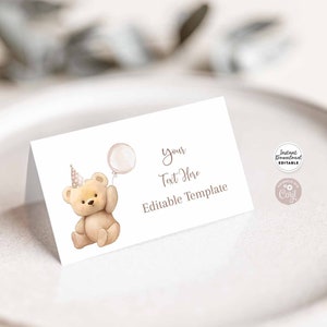 Editable Teddy Bear Brown Balloon Plié Buffet Food Label Tente Place Card Buffet Food Label Guest Name Card Template Téléchargement instantané 904K1