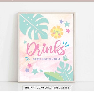 May include: A printable sign with a pink watercolor background and tropical leaves. The sign says "Drinks" in pink script and "Please help yourself" in black text.