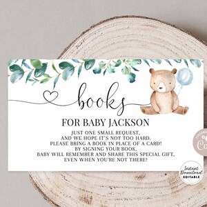 Bewerkbare Greenery Bear Baby Douche Gepersonaliseerde Teddybeer Ballon Boek Verzoek Invoegen Breng een boek in plaats van kaartsjabloon Bewerkbare 1432V1