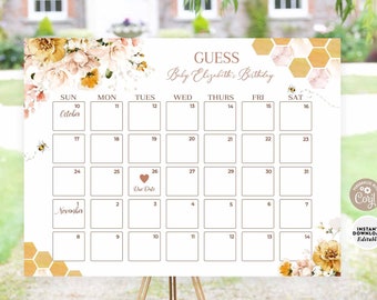 May include: A printable baby shower game with a floral and honeycomb design. The game is a calendar with the days of the week and dates. Guests can guess the baby's due date. The text on the game says "Guess Baby Elizabeth's Birthday".