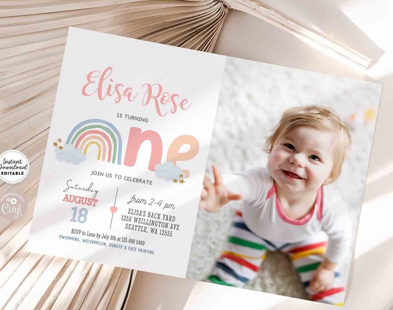 Editable Rainbow 1st First Birthday Invitation Girl Pastel Rainbow Modern First Birthday Photo Invite Template Instant