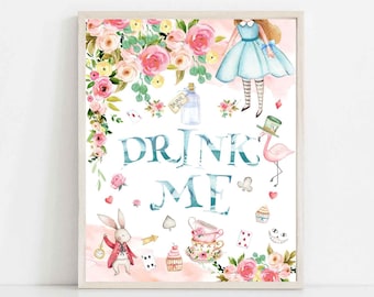 Drink Me Sign Alice In Wonderland Onederland Birthday Sweets and Treats Sign Party Decoration Decor Printable Instant Download 789