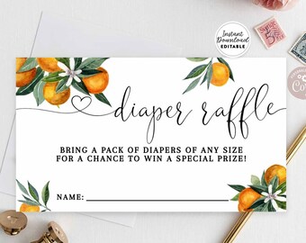 Bearbeitbare Little Cutie Orange Zitrus Baby Shower Windel Tombola Ticket einfügen Grün Mandarin Orange Tombola Karte Sofortiger Download 160V1