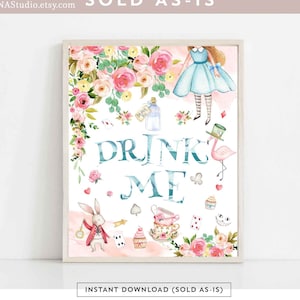 Drink Me Sign Alice In Wonderland Onederland Birthday Sweets and Treats Sign Party Decoration Decor Printable Instant Download 789