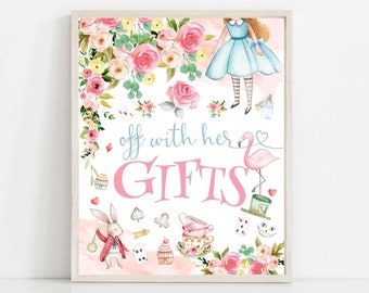 May include: A printable Alice in Wonderland themed sign with pink flowers, a flamingo, a white rabbit, and the text "off with her GIFTS".