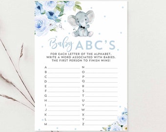 Baby Blue Elephant Baby ABC's Game Baby Printable Boy Elephant Baby Sprinkle Shower Game Games Printable Instant Download AL616