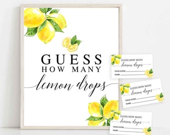 Lemon Guess How Many Lemon Drops Sign and Tickets Printable Citrus Lemon Bridal Couples Couple Shower Game Games Sign Instant Download 290