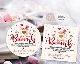 EDITABLE Valentine Hot Chocolate Bomb Tag Valentine Hot Cocoa Bomb Tag Eres la plantilla de etiqueta imprimible bombeada Instant Download 21 (2)