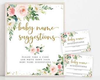 Greenery Gold Blush Pink Floral Baby Name Suggestions Sign and Card Virtual Zoom Baby Shower Sprinkle Games Printable Instant Download 358V2