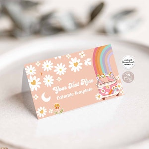 Daisy rose modifiable arc-en-ciel Groovy Van anniversaire marque-places plié Buffet étiquette de nourriture modèle de carte de visite invité Téléchargement instantané 633K1
