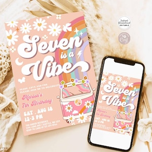 Editable Pink Daisy Rainbow Groovy Van Seven is a Vibe 7th Birthday Retro Hippie Party Invitation Template Instant Download 633K1 (1-3-7)