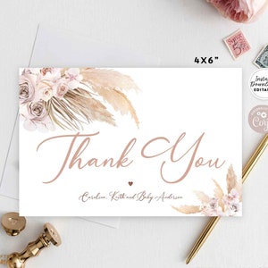 Bewerkbare Pampas Gras Boho Boho Baby Bridal Shower Verjaardag Dank U Platte Kaart 4x6 "Afdrukbare Sjabloon Instant Download 212V1