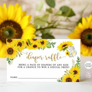 Editable Fall Sunflower Elephant Baby Shower Diaper Raffle Ticket Inserts Template Printable Instant Download 409V1